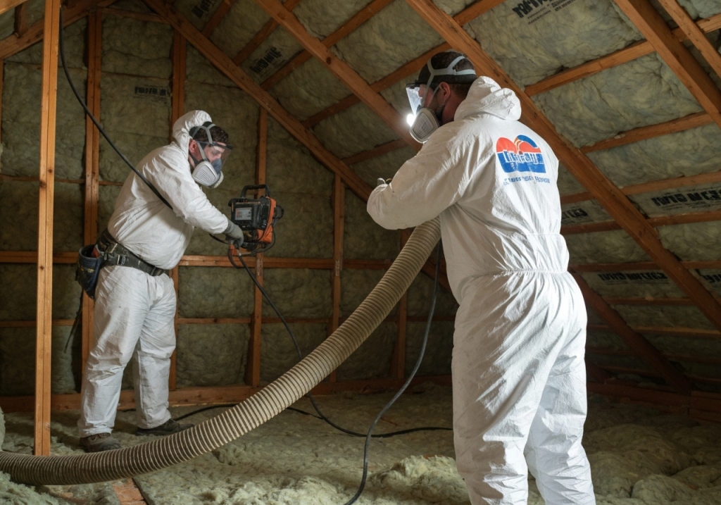 Professionals install insulation in an attic with equipment and a hose.