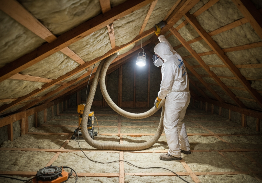 Worker installing insulation in attic with blowing machine